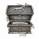 the words "If you die I want to die with you" wrapped around a gothic coffin, with a tree in the background  tattoo design idea