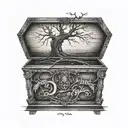 the words "If you die I want to die with you" wrapped around a gothic coffin, with a tree in the background  tattoo design idea