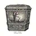 the words "If you die I want to die with you" wrapped around a gothic coffin, with a tree in the background  tattoo design idea