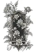 Upright Coffin, Ominous Tree In The Background with flowers Tattoo Idea tattoo design idea