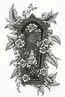 Upright Coffin, Ominous Tree In The Background with flowers Tattoo Idea tattoo design idea