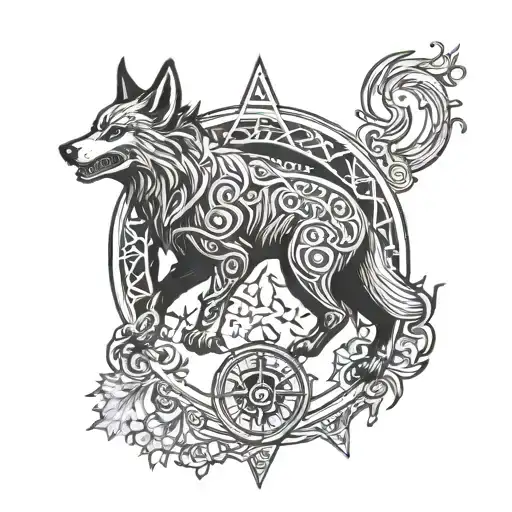 fenrir with a Vikings compass and a forest  tattoo design idea