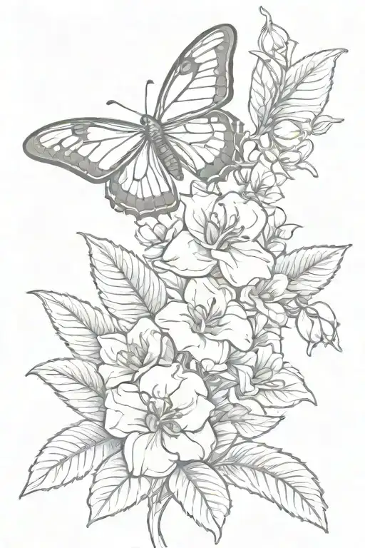 A sketch style tattoo of a butterfly landing on a blooming rose and orchid bush tattoo design idea