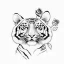 A tiger and a rose in a sketch style, with mountains in the background tattoo design idea