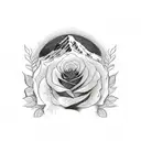 A tiger and a rose in a sketch style, with mountains in the background tattoo design idea