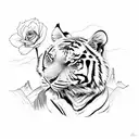 A tiger and a rose in a sketch style, with mountains in the background tattoo design idea
