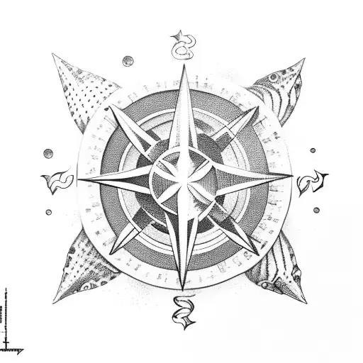 octopus, tiger shark and waves surrounding a compass tattoo design idea