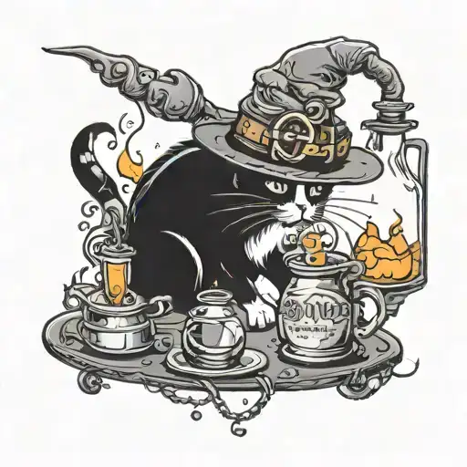 cat in a hat brews a witch potion bottle with elements tattoo design idea