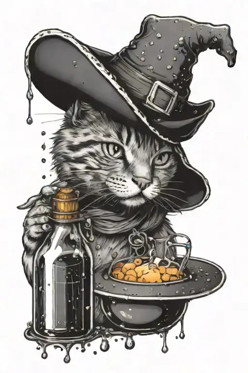 cat in a hat brews a witch potion bottle with elements dotwork tattoo design idea
