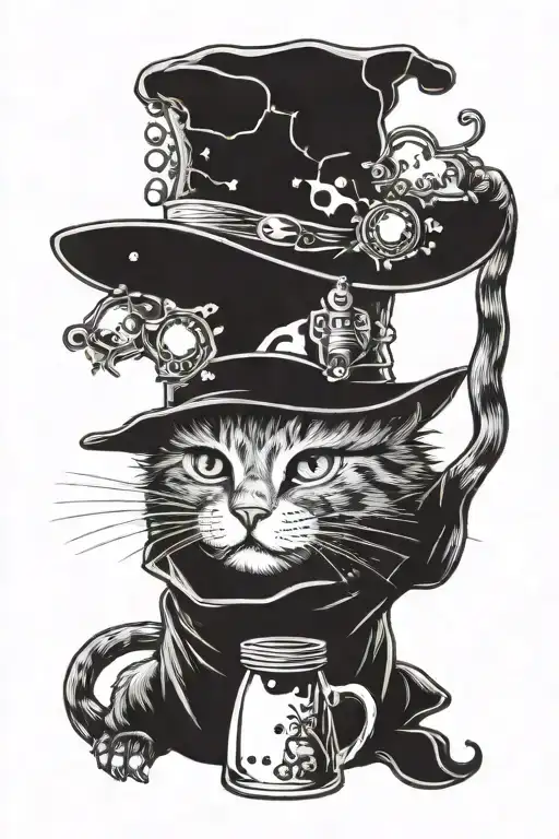 cat in a hat brews a witch potion bottle with elements tattoo design idea