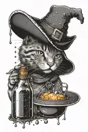 cat in a hat brews a witch potion bottle with elements dotwork tattoo design idea