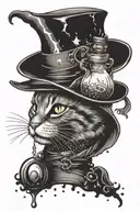 cat in a hat brews a witch potion bottle with elements tattoo design idea