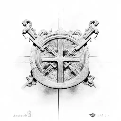 An abstract black and grey representation of the Medalha de São Bento incorporating Latin words and a cross tattoo design idea