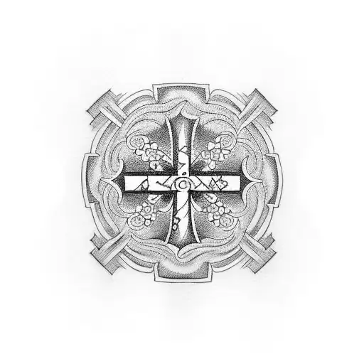 A dotwork tattoo featuring a stylized version of the Medalha de São Bento with Latin words and a cross tattoo design idea