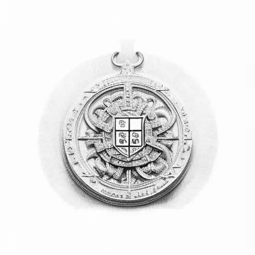 A detailed black and grey depiction of the Medalha de São Bento with intricate Latin words and a cross tattoo design idea