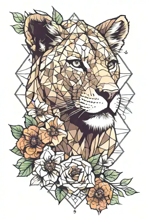 geometric  lioness head surrounded by viola flowers  tattoo design idea