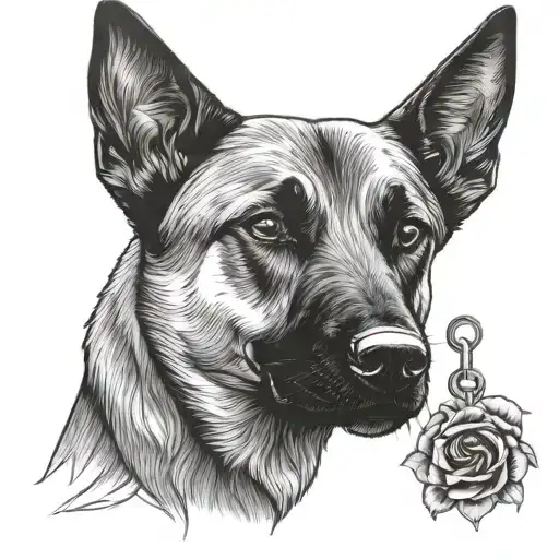 Belgian malinois head with some flowers and chain looking straight on   tattoo design idea