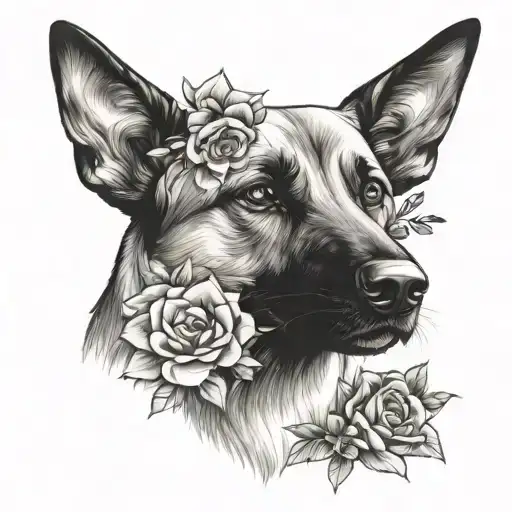Belgian malinois head surrounded with flowers  tattoo design idea