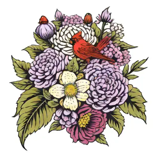 cosmo carnation chrysanthemum violet poppy aster bouquet with cardinal on a branch tattoo design idea