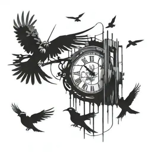 A abstract tattoo of a broken clock morphing into jail bars with birds flying out tattoo design idea
