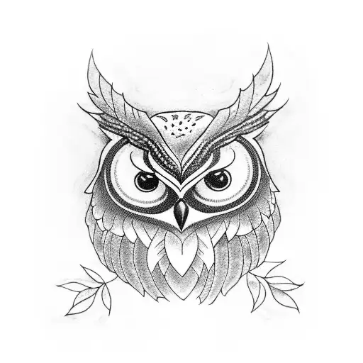 A blackwork tattoo of a stoic owl perched on a branch tattoo design idea