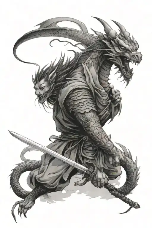 Dragon and Samurai with katana tattoo design idea
