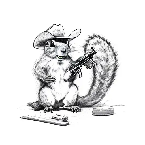 Squirrel standing up with cowboy hat and boots holding a gun tattoo design idea