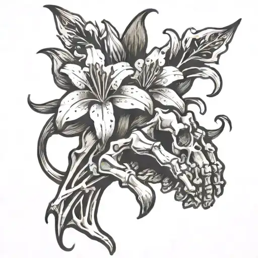 skeleton hand holding lily flower tattoo design idea