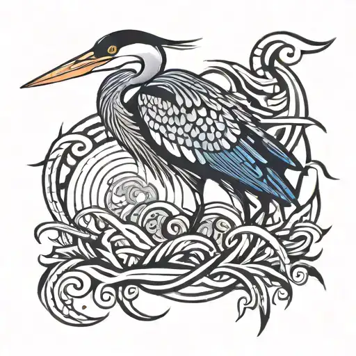 Blue heron with fish swimming around them tattoo design idea