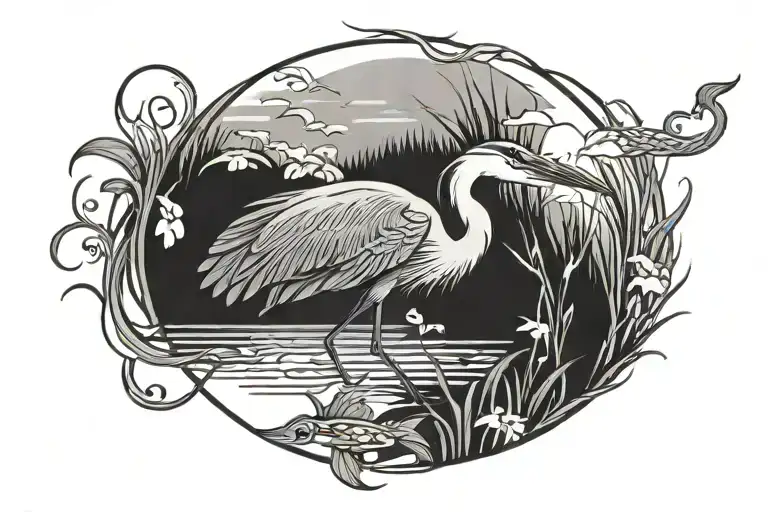 Blue heron with fish swimming around them tattoo design idea