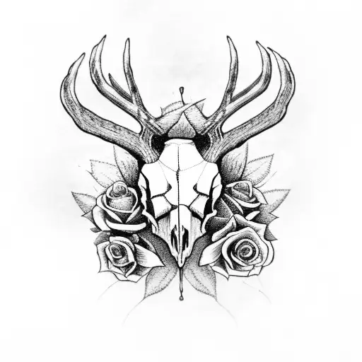 deer skull, butterfly on top, crossed rifles, roses with vines tattoo design idea
