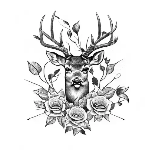 deer head, butterfly, crossed rifles, roses with vines tattoo design idea
