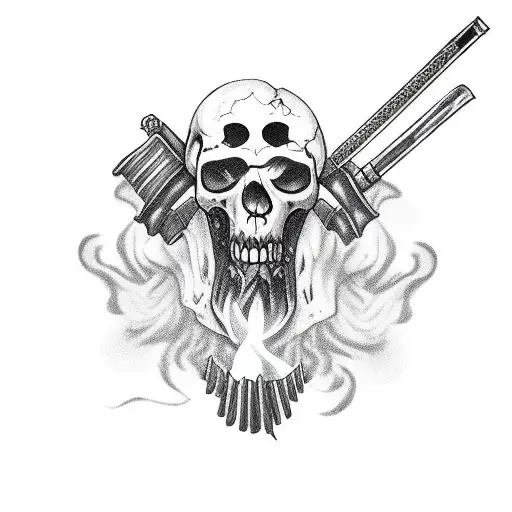 A fierce Caveira holding a smoking sword in a new-school style tattoo design idea