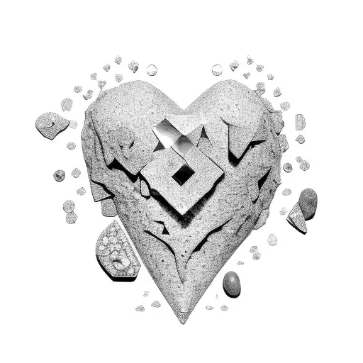A mosaic broken heart, with a collection of stones, some shaped like diamonds and others like throwing stones tattoo design idea