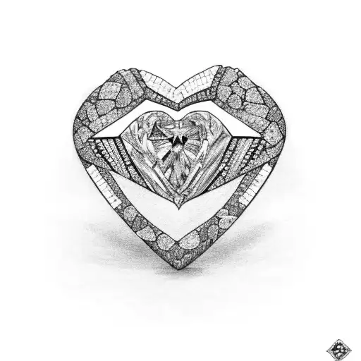 A mosaic broken heart, a collection of diamonds and throwing stones, and 1 diamond ring tattoo design idea