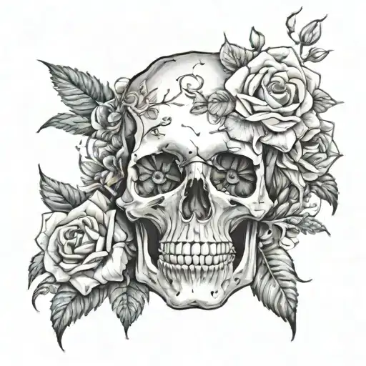 skull and flower growing inside surrounded tattoo design idea