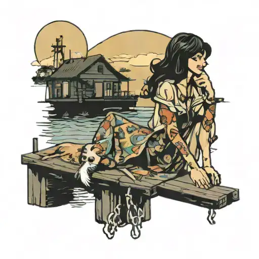 70s woman on dock with dog sitting tattoo design idea