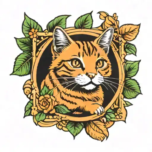 cute cartoon orange cat with golden tabby stripes inside of a picture frame surrounded with foliage tattoo design idea