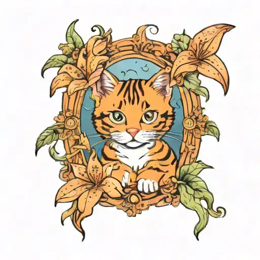 cute cartoon orange cat inside of a picture frame surrounded with tiger Lillies  tattoo design idea