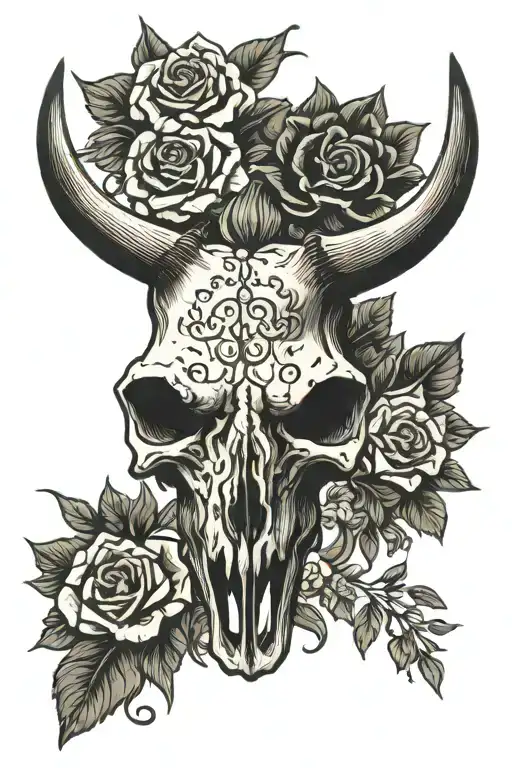 longhorn skull surrounded by flowers tattoo design idea