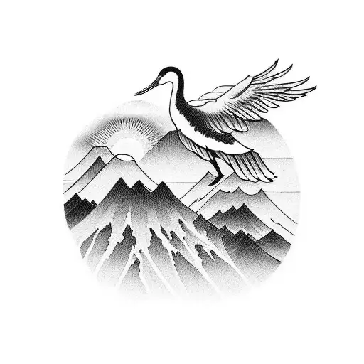 Japanese crane, sunset and clouds tattoo design idea
