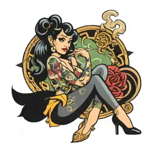 black haired pin up girl smoking joint tattoo design idea