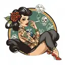 black haired pin up girl smoking joint tattoo design idea