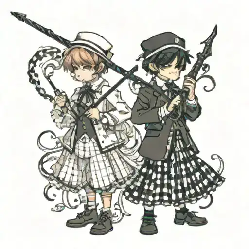 two boys in lolita fashion wielding whips tattoo design idea