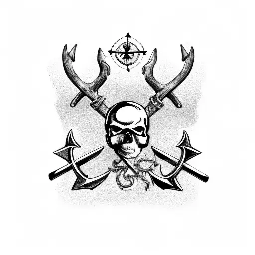 A skull, anchor, compass, clipper ship, sword, with deer antlers  tattoo design idea