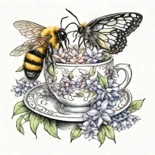 An intricate tattoo featuring a dainty teacup and saucer surrounded by blooming hyacinth flowers and a buzzing bumblebee tattoo design idea