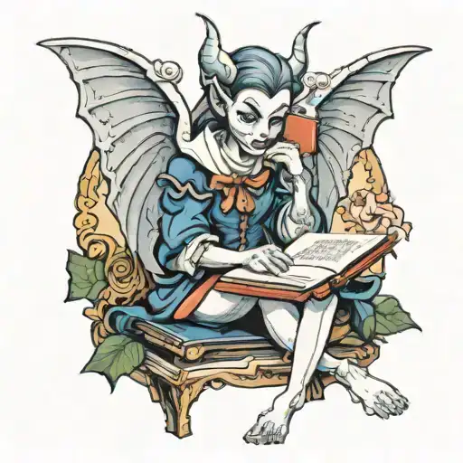 A female gargoyle reading a book in a school girl outfit tattoo design idea