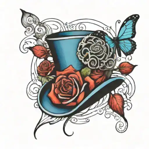 A circus top hat with a red rose and a blue butterfly emerging from it tattoo design idea
