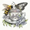 An intricate tattoo featuring a dainty teacup and saucer surrounded by blooming hyacinth flowers and a buzzing bumblebee tattoo design idea