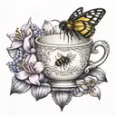 An intricate tattoo featuring a dainty teacup and saucer surrounded by blooming hyacinth flowers and a buzzing bumblebee tattoo design idea